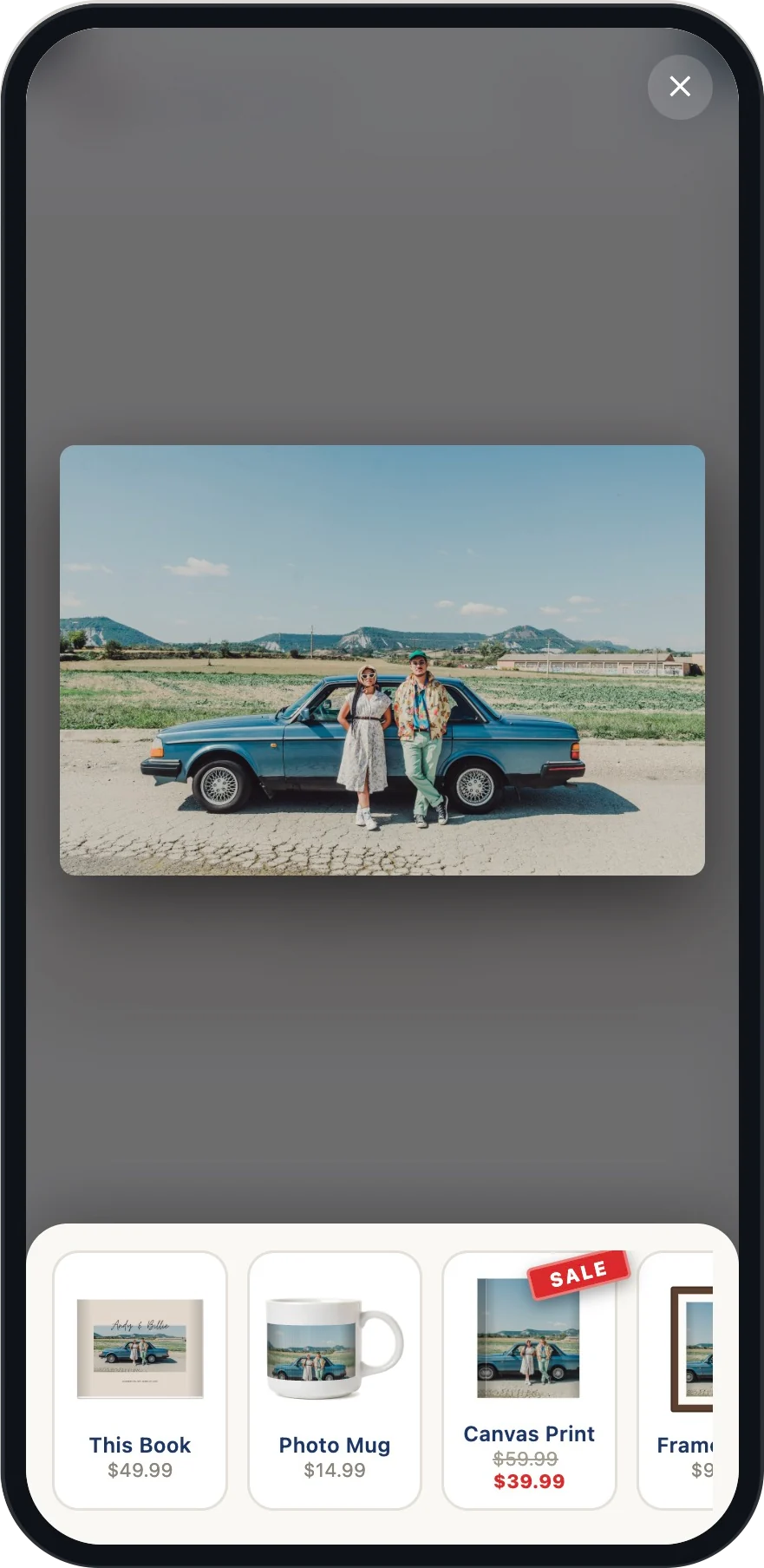 A photo selected in the shared book with the product catalog revealed
